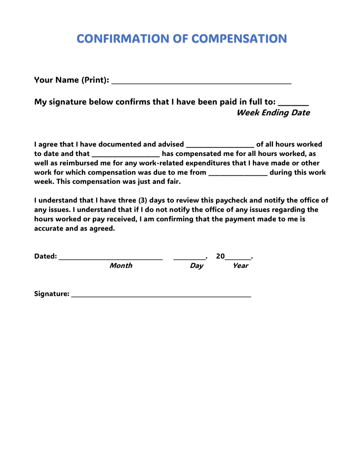 Confirmation of Compensation Form (One Option / Acknowledgement)