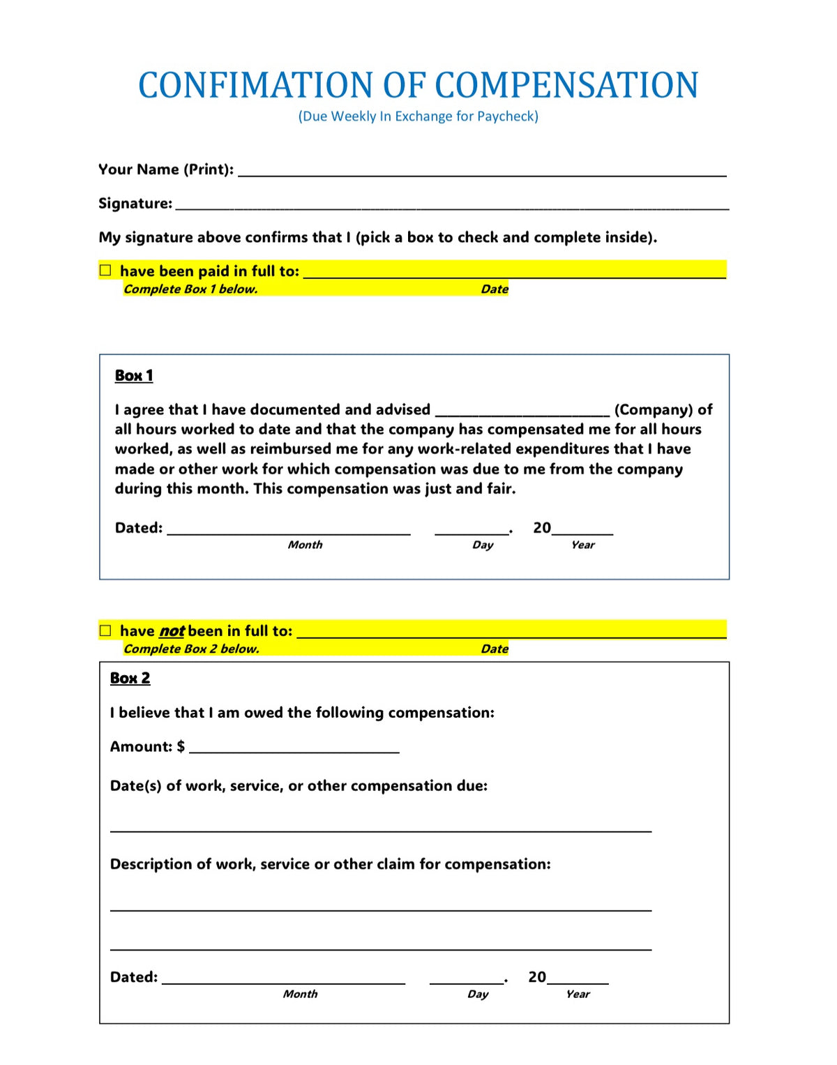Confirmation of Compensation (Two Options)