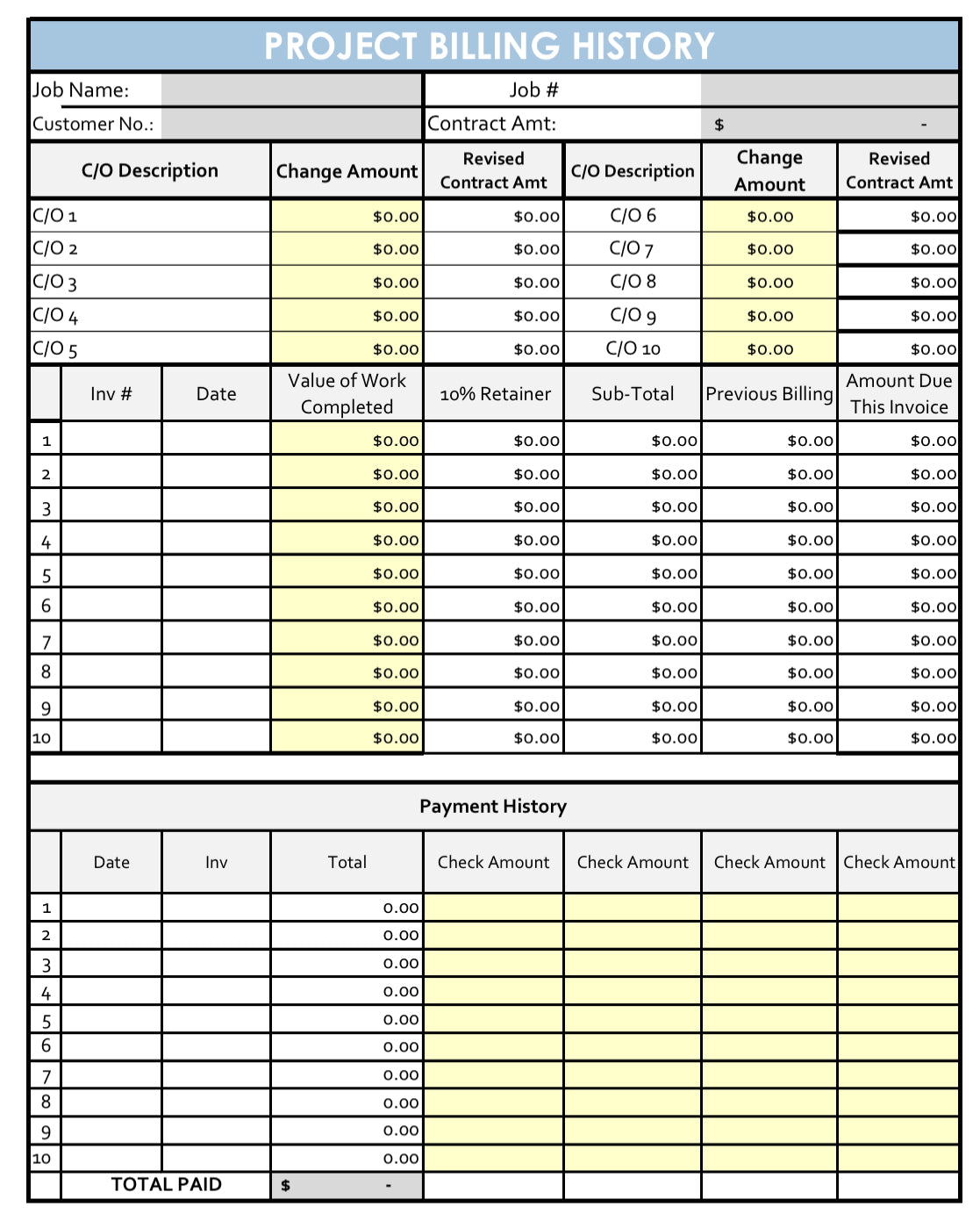Comprehensive Project Billing Summary Form