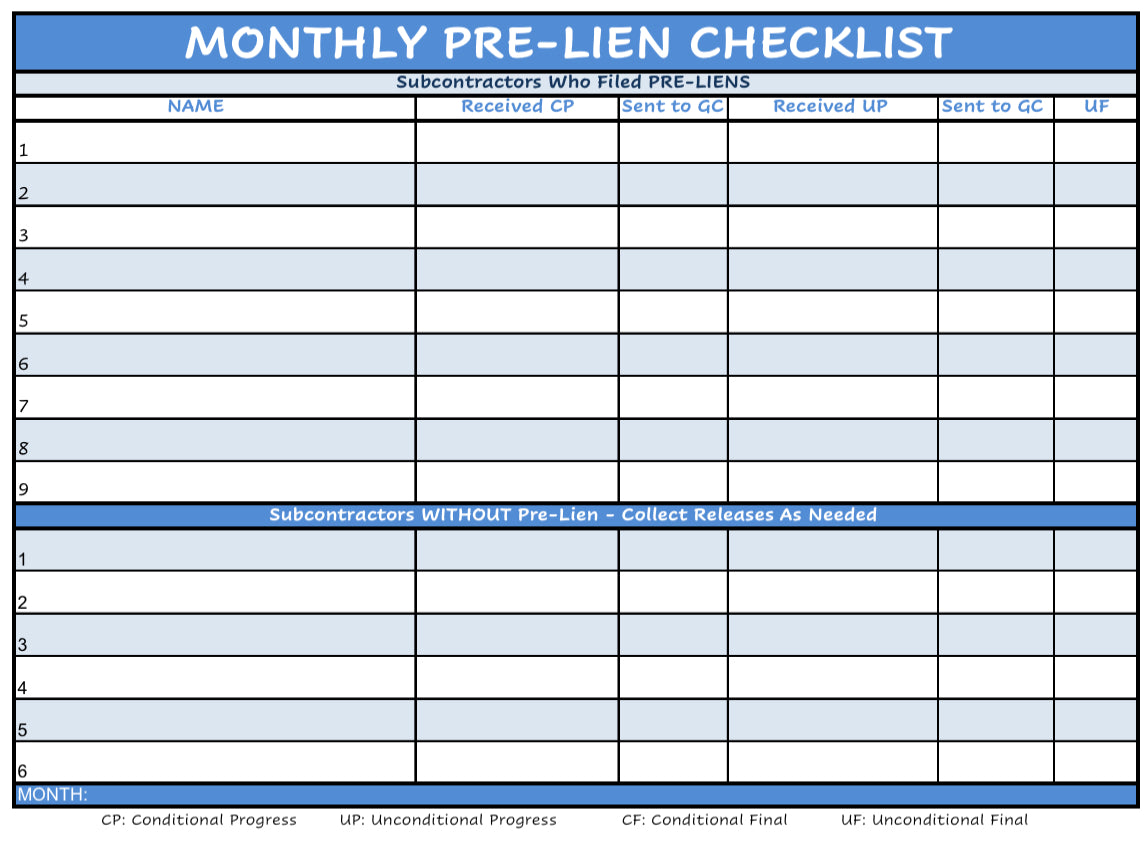 Vendor Lien and Release Tracking Form