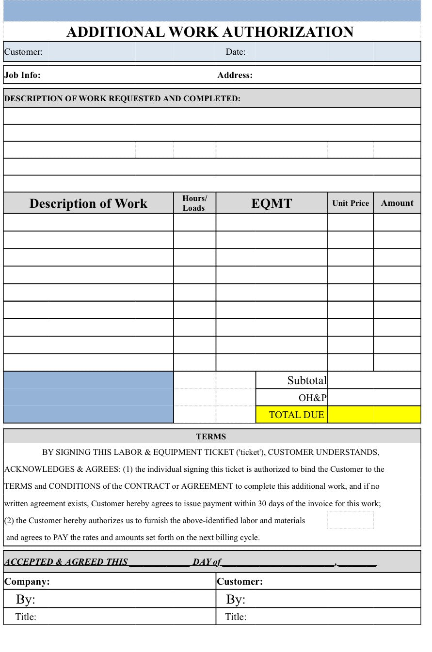 Additional Work Authorization Form / Change Orders